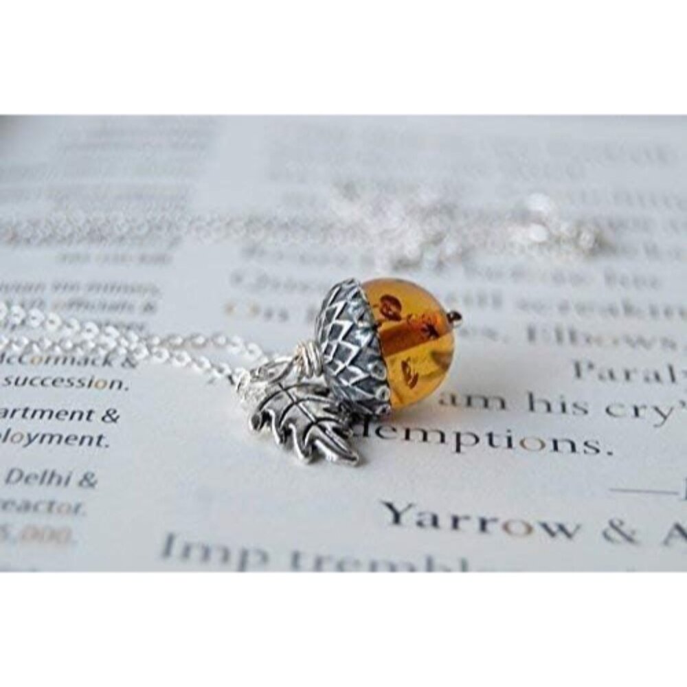 Orange and Silver Acorn Necklace - Fall Orange Acorn Pendant- Cute Nature Charm - Picture 7 of 9